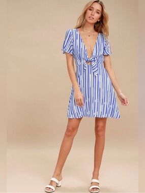 Lulu's White and Blue striped tie front skater dress